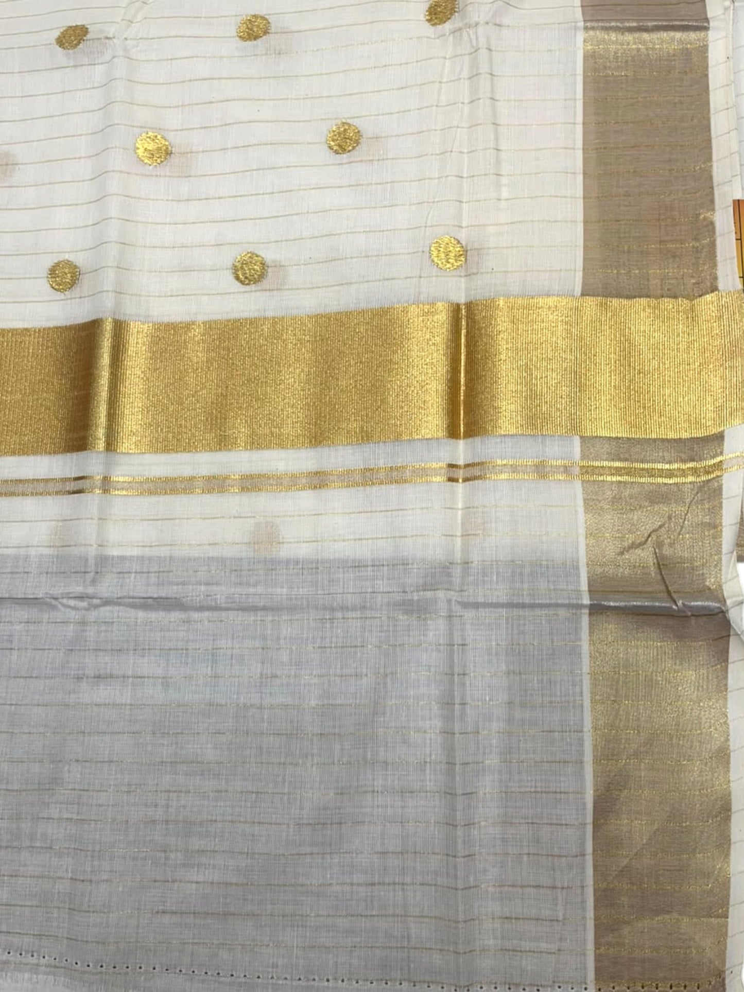 Kerala Southloom Cotton Lines Saree With Golden Polka Embroidery Design & Kasavu Border