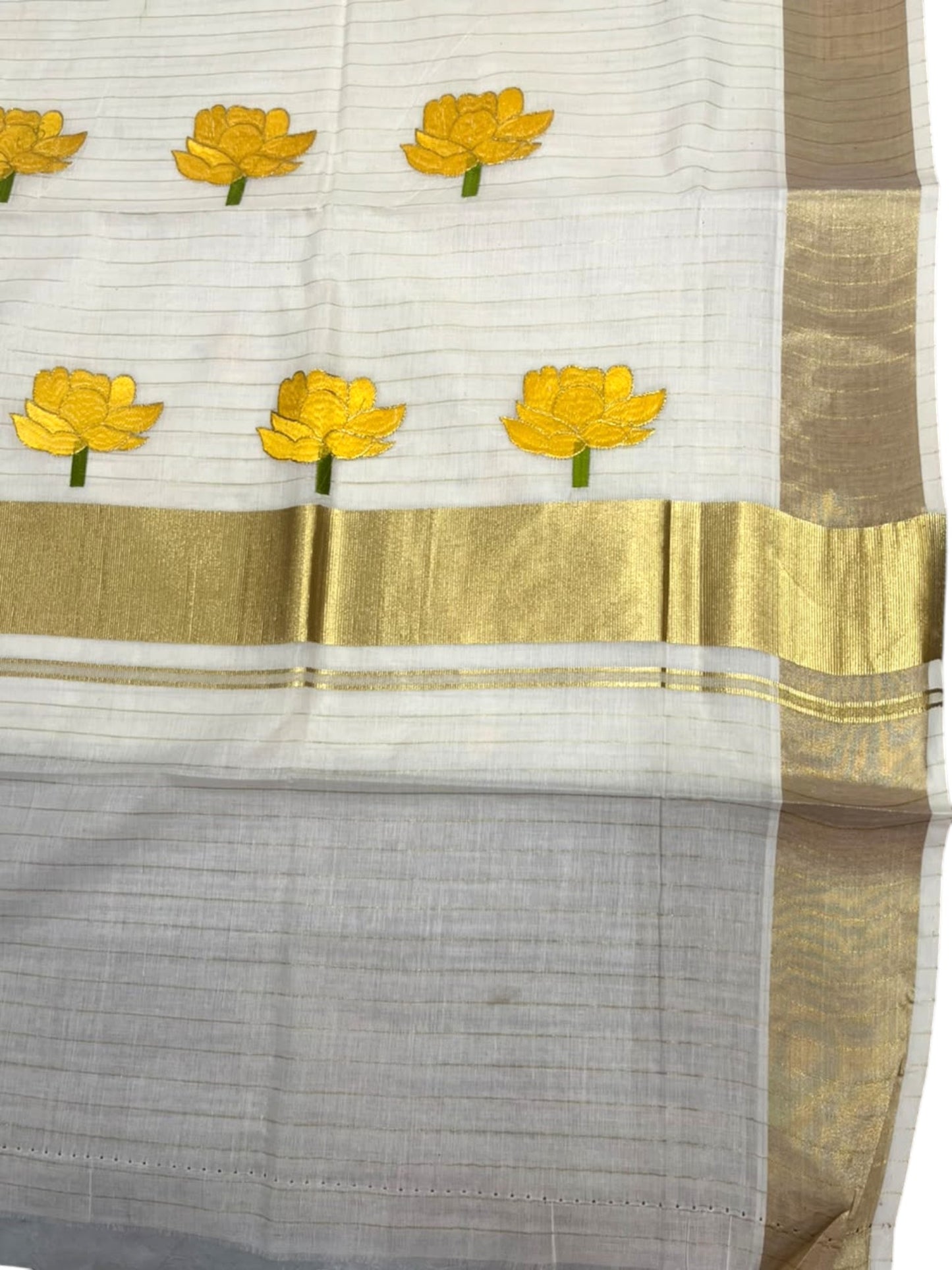 Southloom Kerala Cotton Kasavu Line Saree with Yellow Lotus Embroidery Works