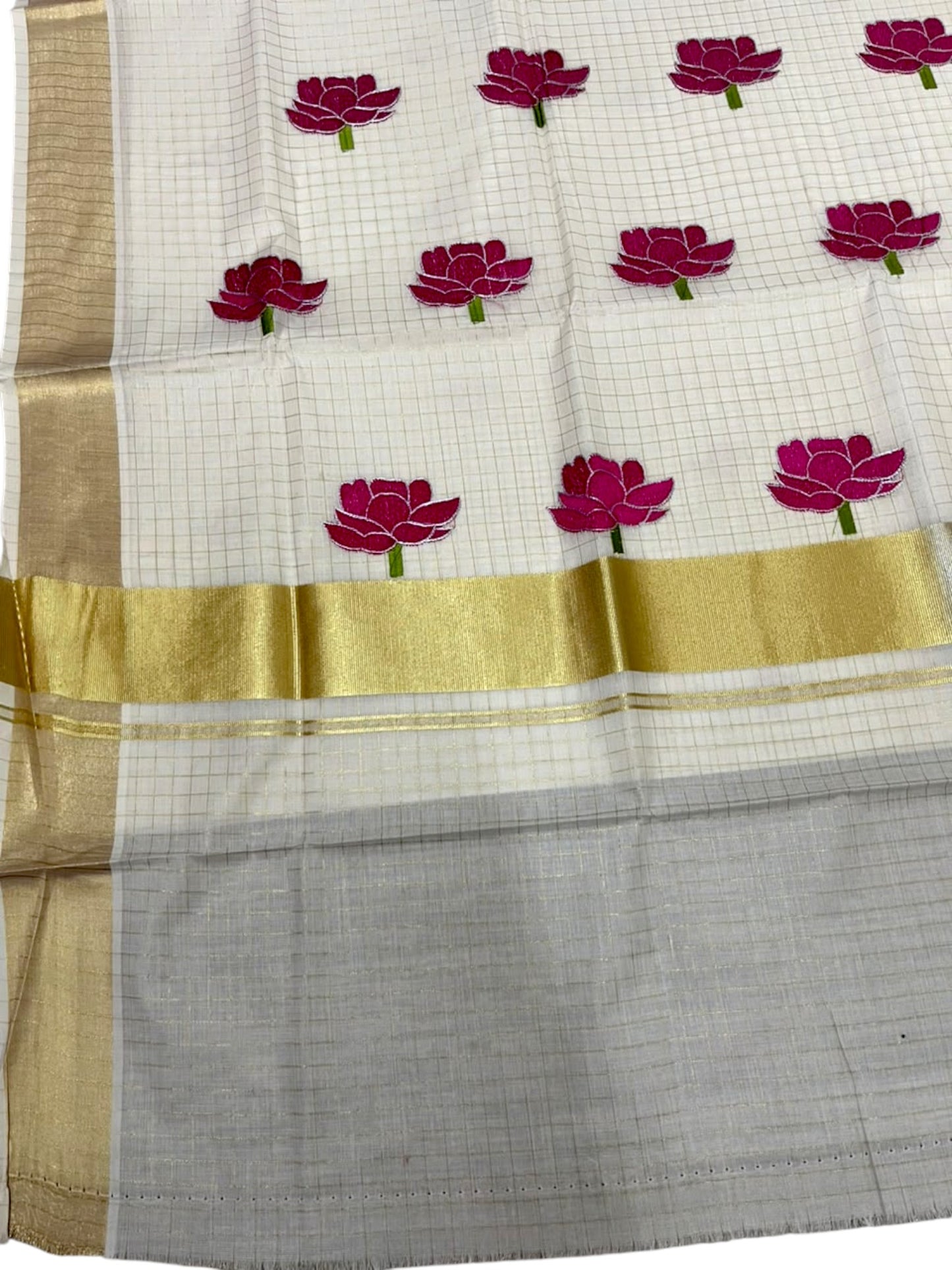 Southloom Kerala Cotton Check Kasavu Saree with Pink Lotus Embroidery Design