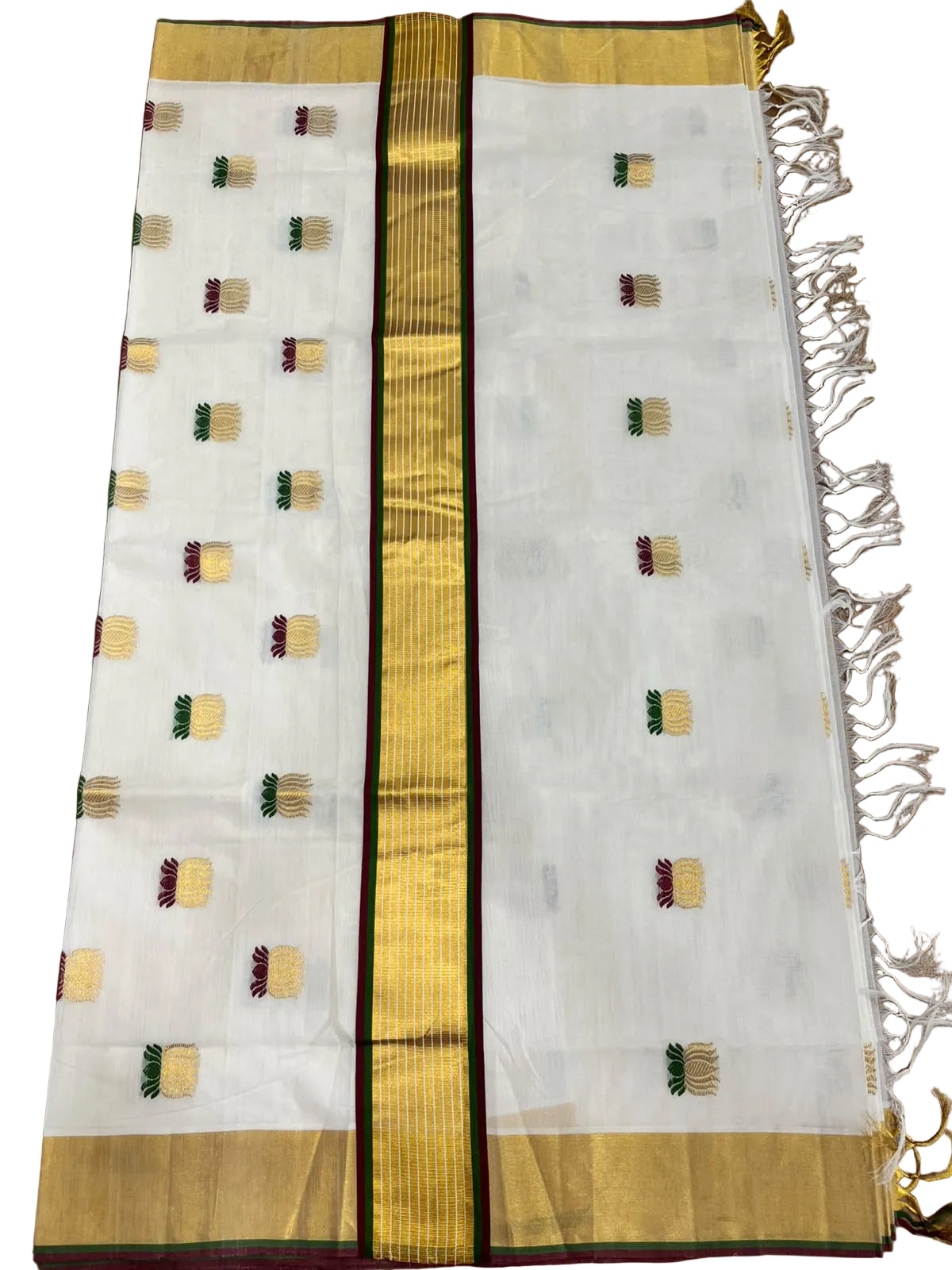 Southloom Kerala Premium Cotton Handloom Saree With Lotus Design On The Body With Maroon And Green Borders SL624
