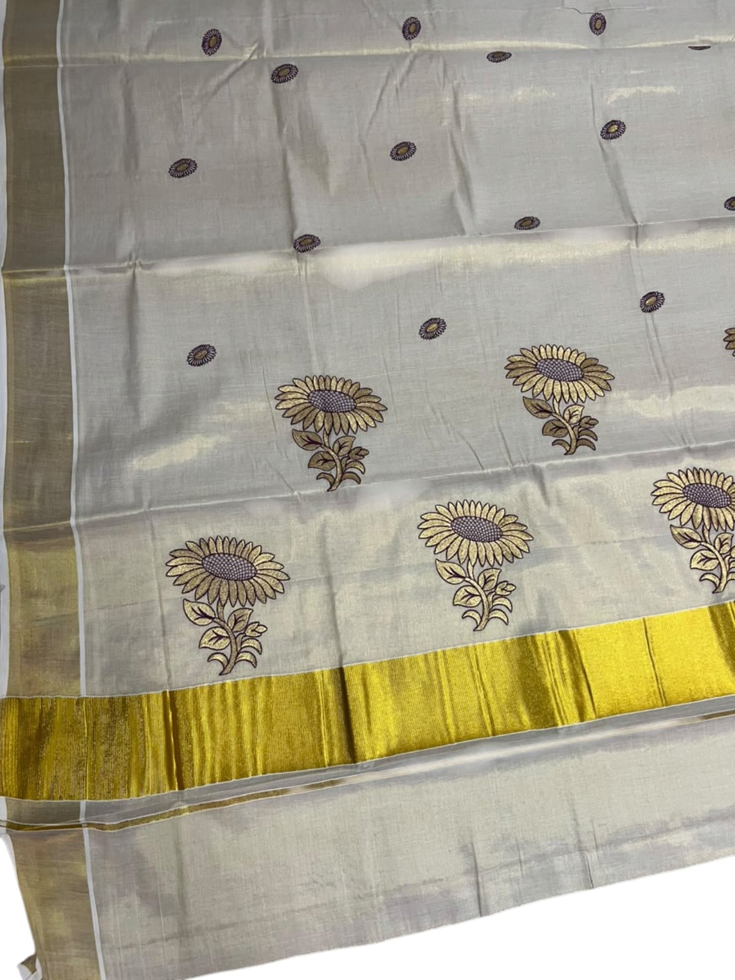 Southloom Kerala Tissue Kasavu Plain Saree with Purple&Gold Floral embroidery work