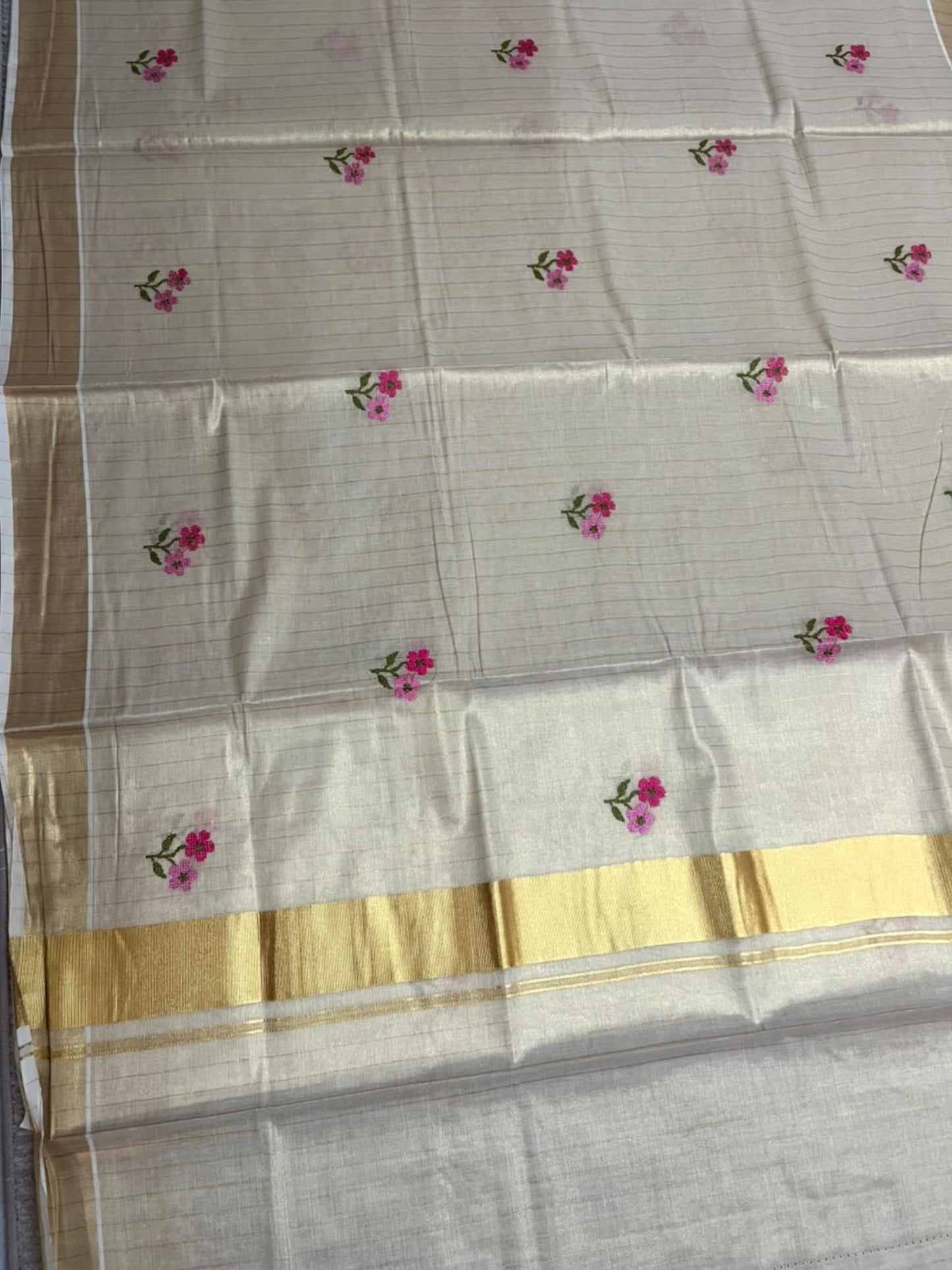 Southloom Kerala Tissue Kasavu Lines Saree with Pink Floral embroidery work