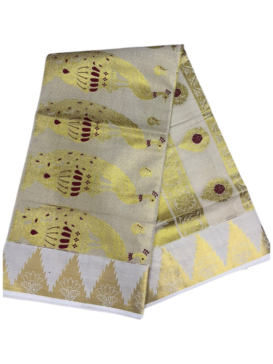 Southloom Tissue Kerala Kasavu Heavy Work Saree with Peacock Woven Design on Borders