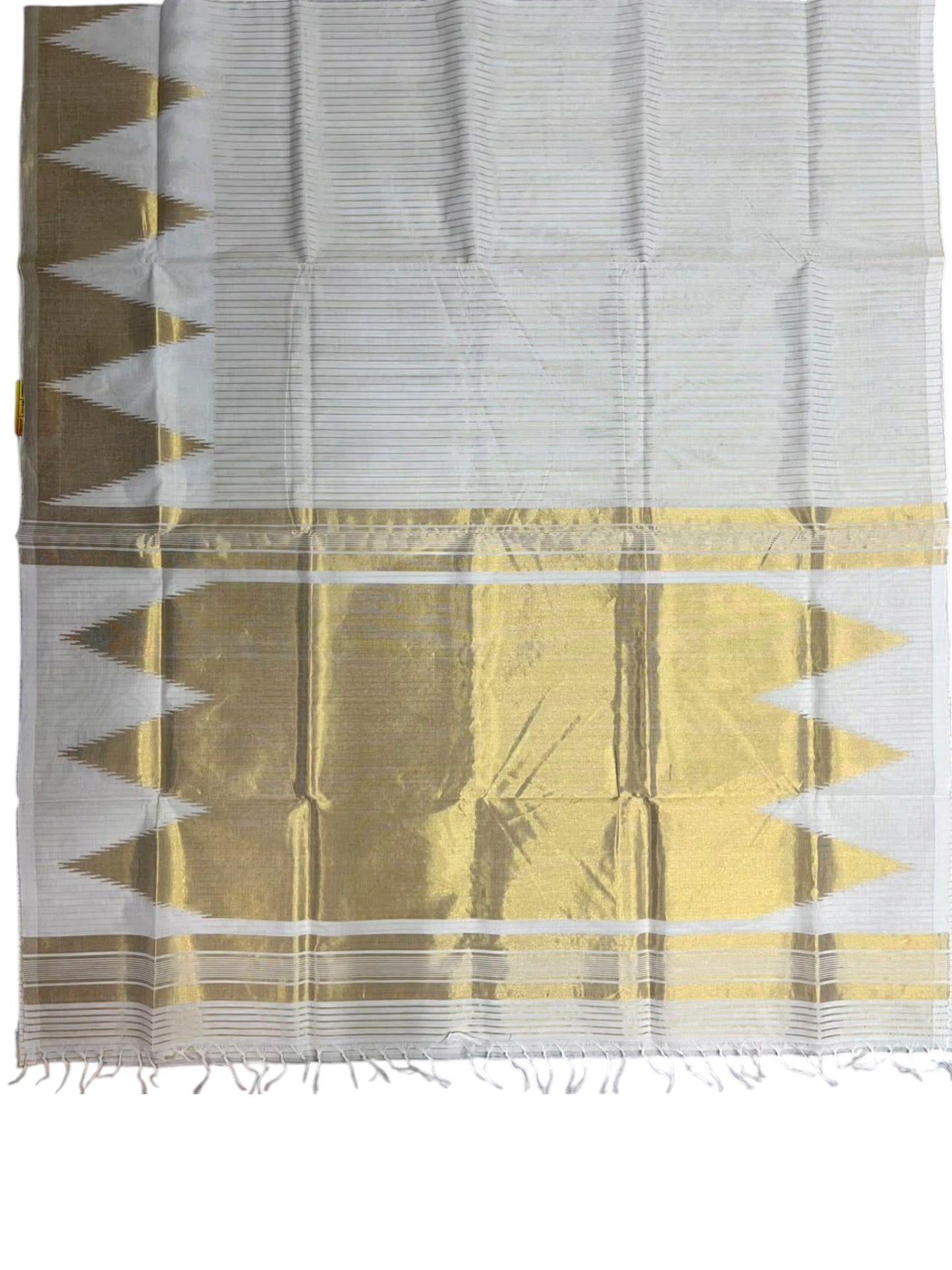 Southloom Super Premium Balaramapuram Handloom Cotton Saree With Stripes And Temple Gold Kasavu on Border