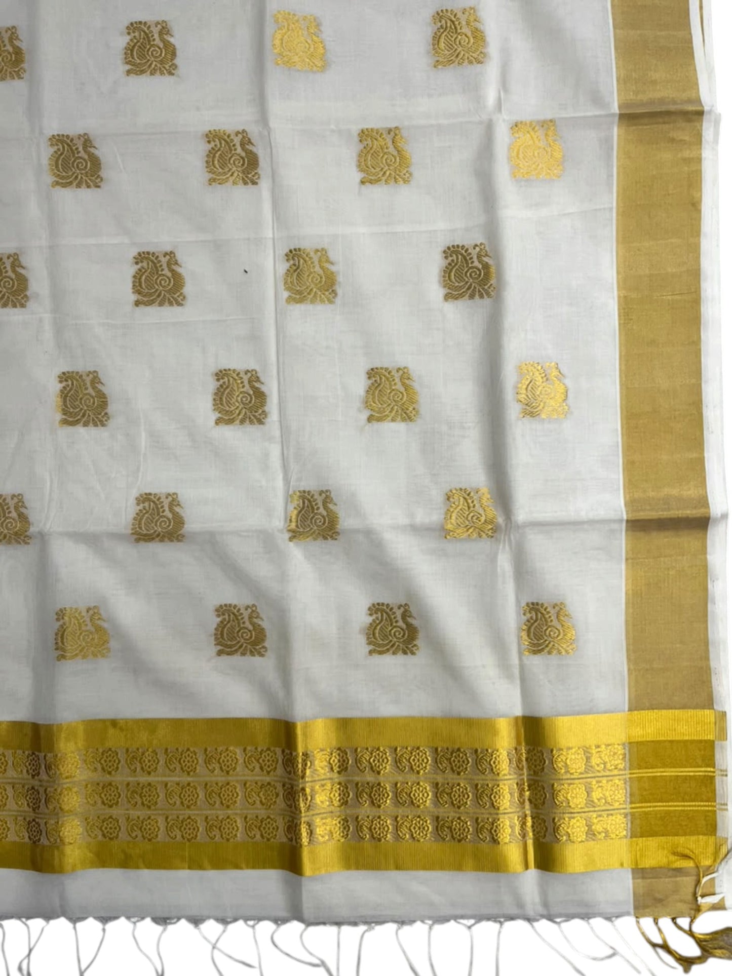 Southloom Super Premium Balaramapuram Handloom Cotton Saree With Golden Peacock Zari Works on Body And Borders