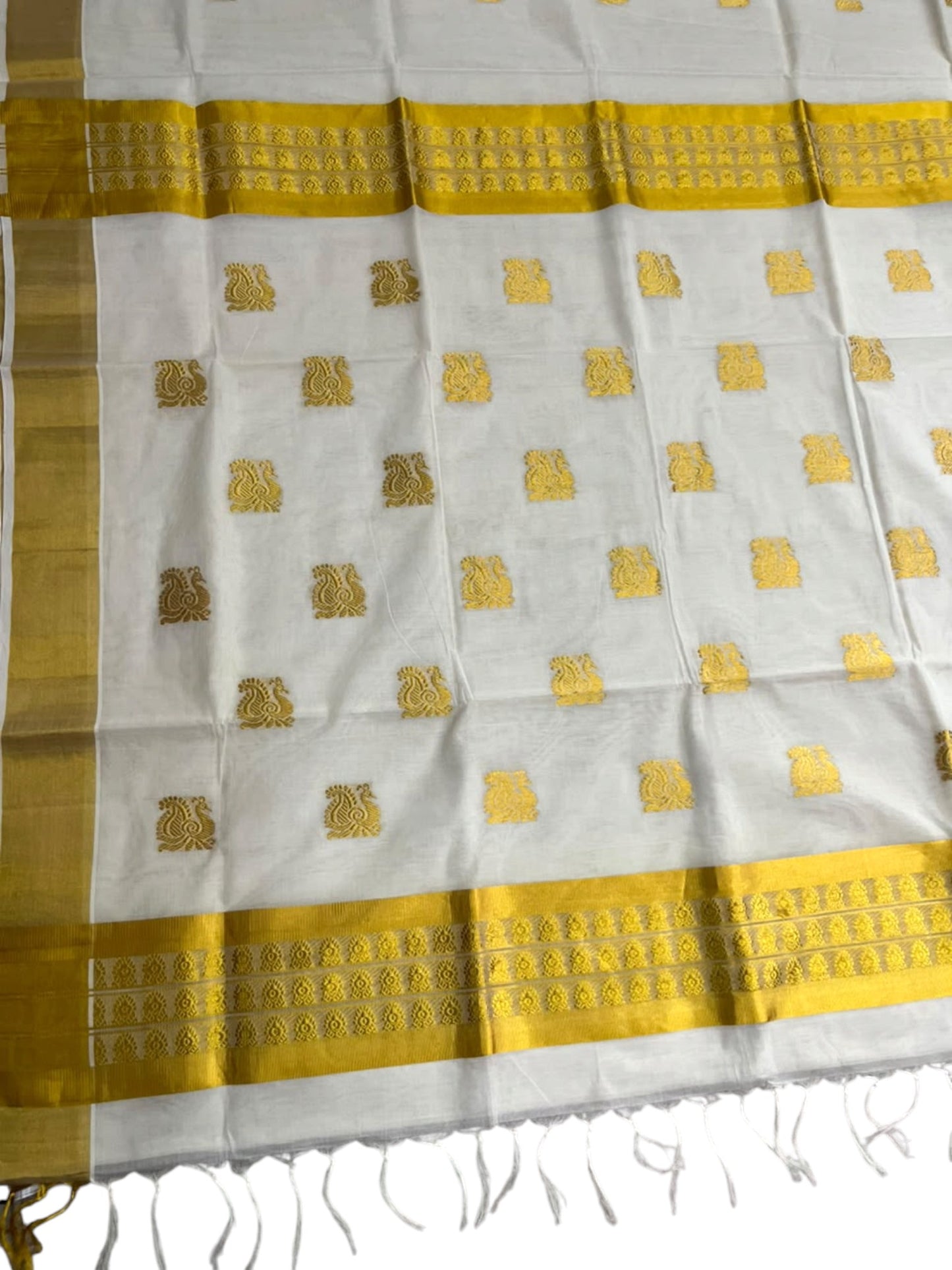Southloom Super Premium Balaramapuram Handloom Cotton Saree With Golden Peacock Works on Body And Borders