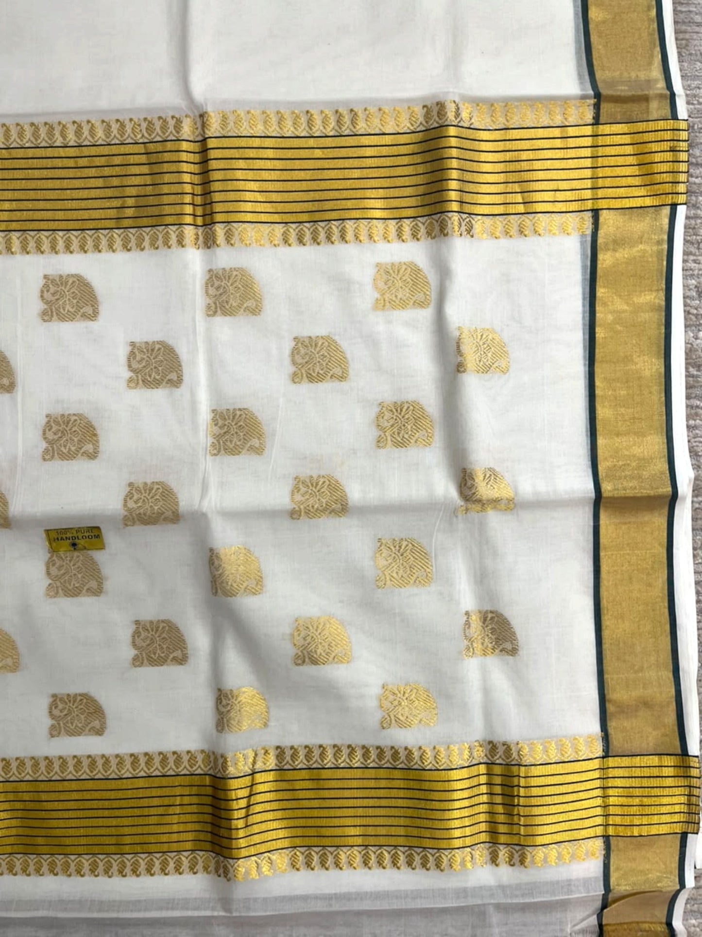 Southloom Super Premium Balaramapuram Handloom Cotton Saree With Golden Butta Works on Body And Green Lines Borders