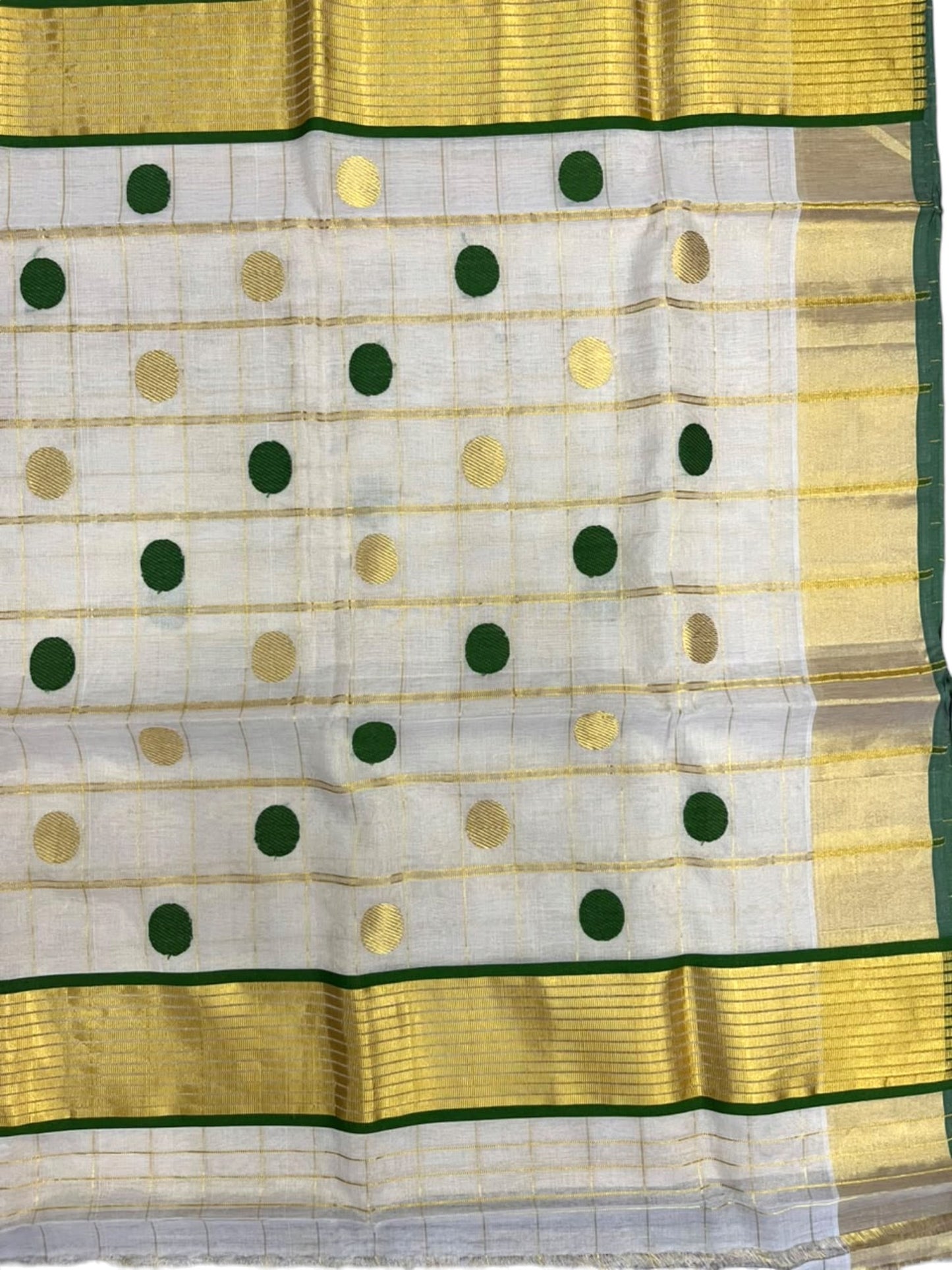 Southloom Super Premium Balaramapuram Handloom Cotton Saree with Gold And Green Polka And Kasavu on Border
