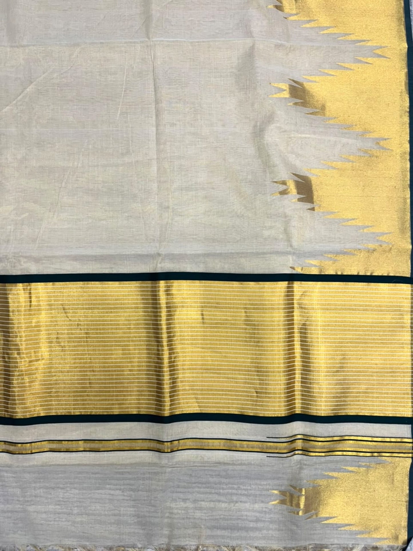 Southloom Super Premium Balaramapuram Handloom Tissue Saree with Gold And Green Chuttikara and Temple Design on Border