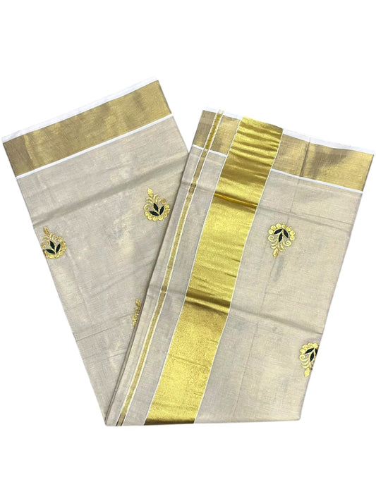 Southloom Kerala Tissue Kasavu Saree with Green&Gold Floral Embroidery Works