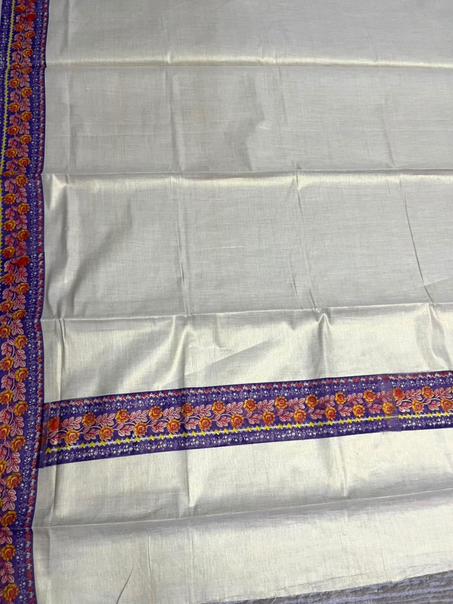 Southloom Kerala Tissue Kasavu Saree with Voilet Floral Prints On Border