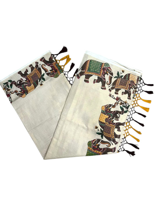 Southloom Kerala Tissue Kasavu Saree With Elephant Design on Borders SL373