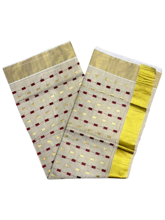 Southloom Tissue Kerala Kasavu Saree with Maroon& Gold Embroidery Designs on Body