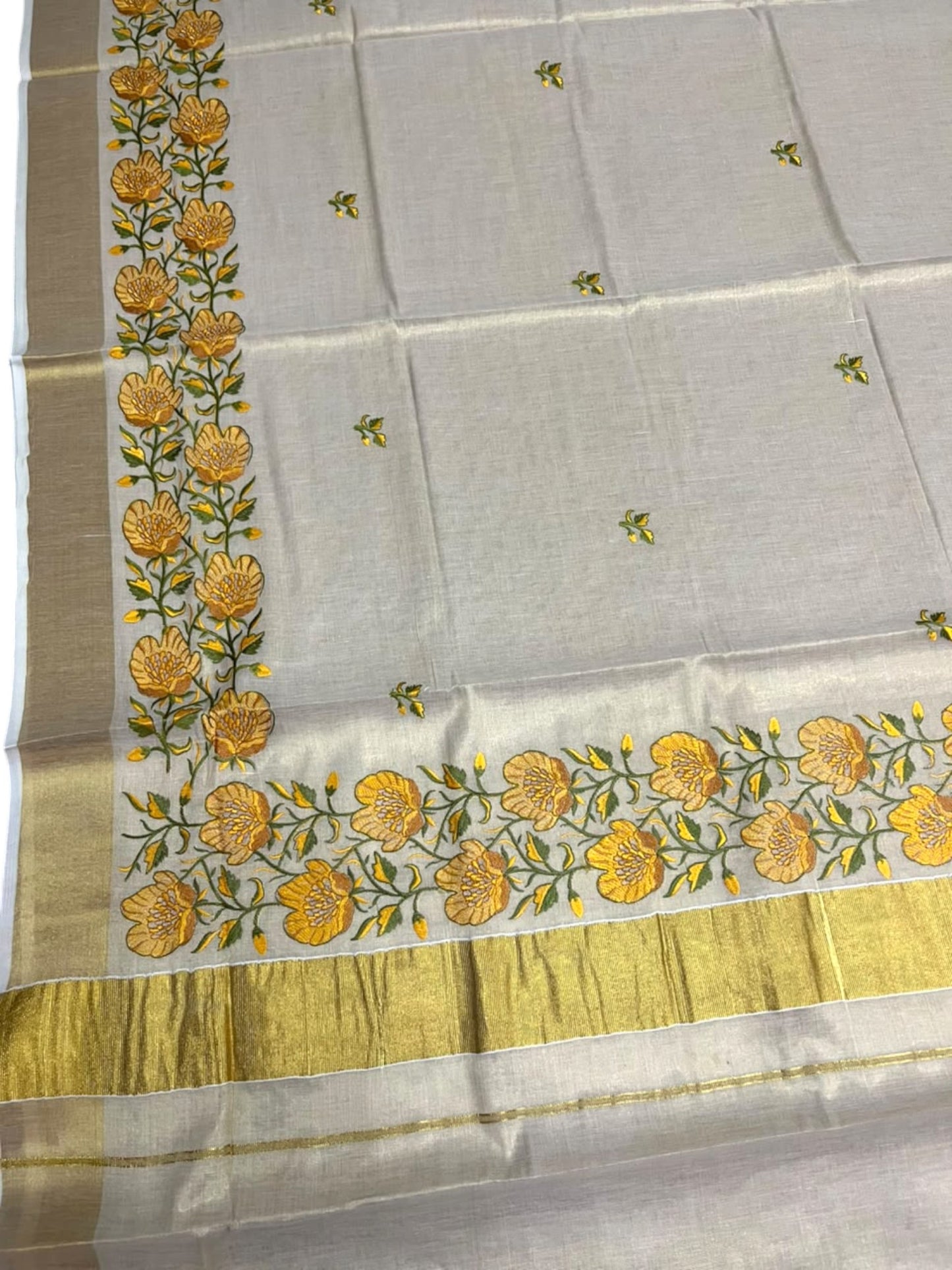 Southloom Tissue Kerala Kasavu Saree with Olive Green & Yellow Floral Embroidery Designs on Body in Border