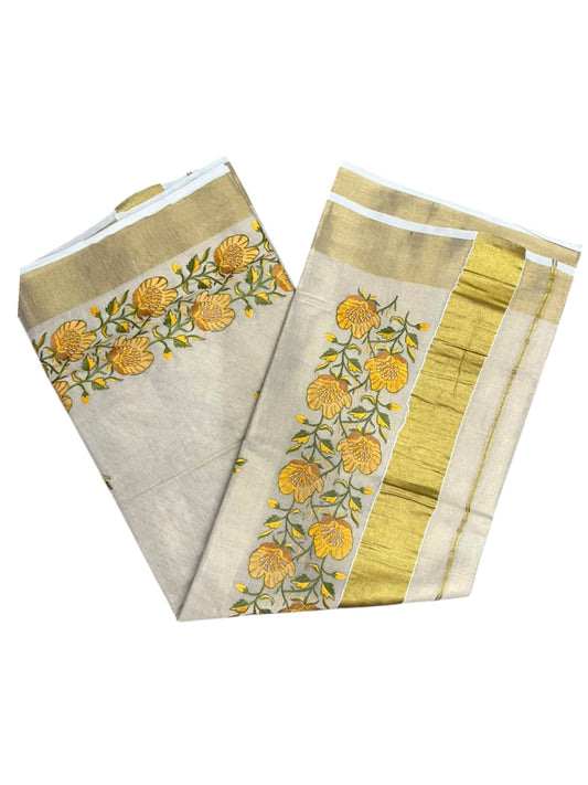 Southloom Tissue Kerala Kasavu Saree with Olive Green & Yellow Floral Embroidery Designs on Body in Border