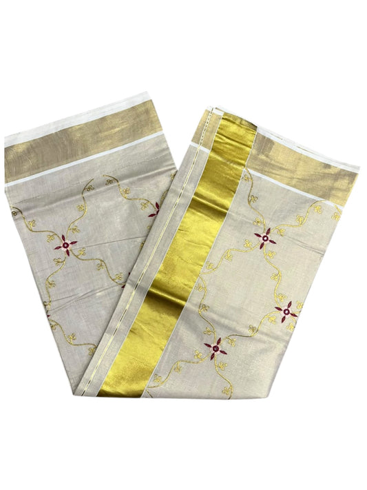 Southloom Tissue Kerala Kasavu Plain Saree with Embroidery Designs on Body