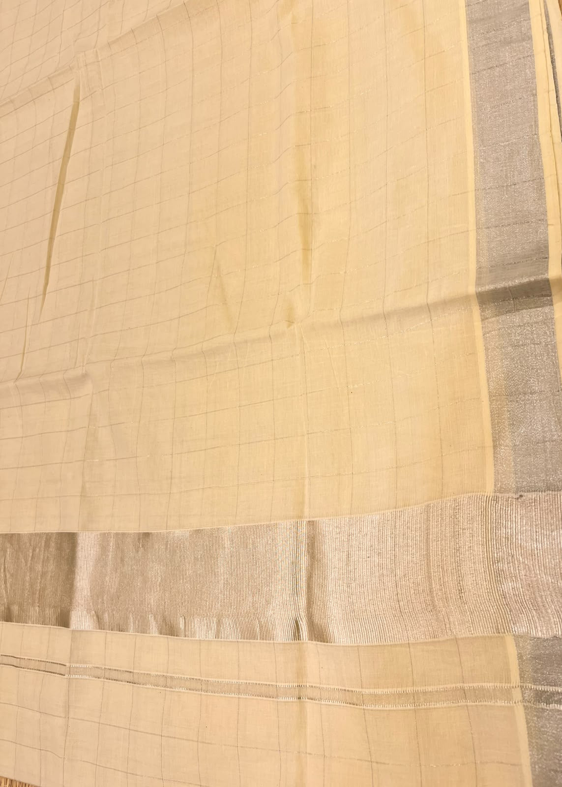 Southloom Kerala Cotton Saree With Check Designs On The Body And Silver Kasavu On Borders