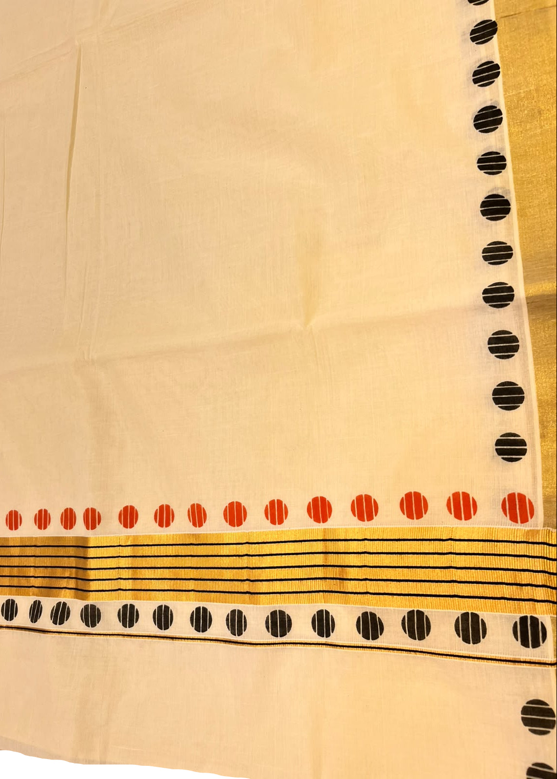 Southloom Kerala Cotton Kasavu Saree With Red And Black Polka Dot Border