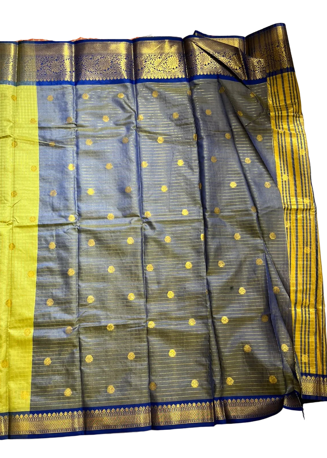 Olive Green and Navy Blue Silk Saree With Check Design On Body SL634