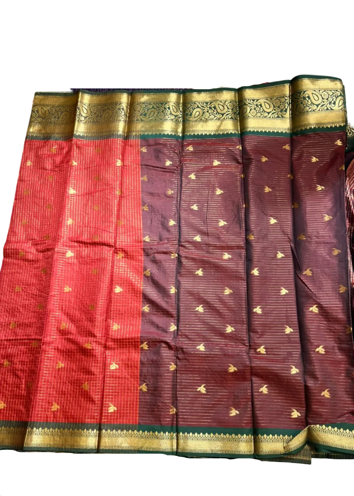 Red and Green Colour Semi Silk Saree With Check Design SL634