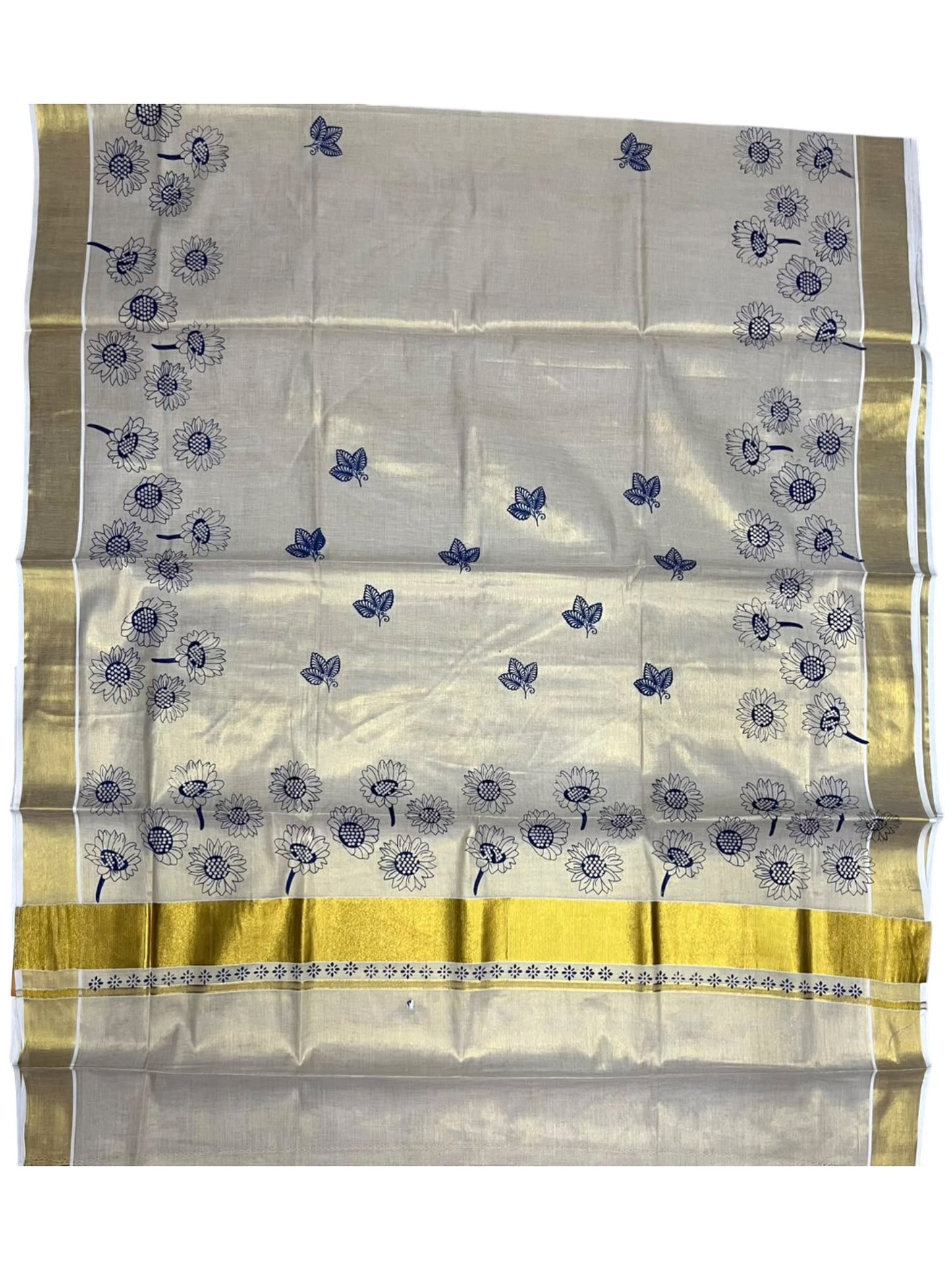 Southloom Kerala Tissue Kasavu Plain Saree with Blue Floral Printed work On Border