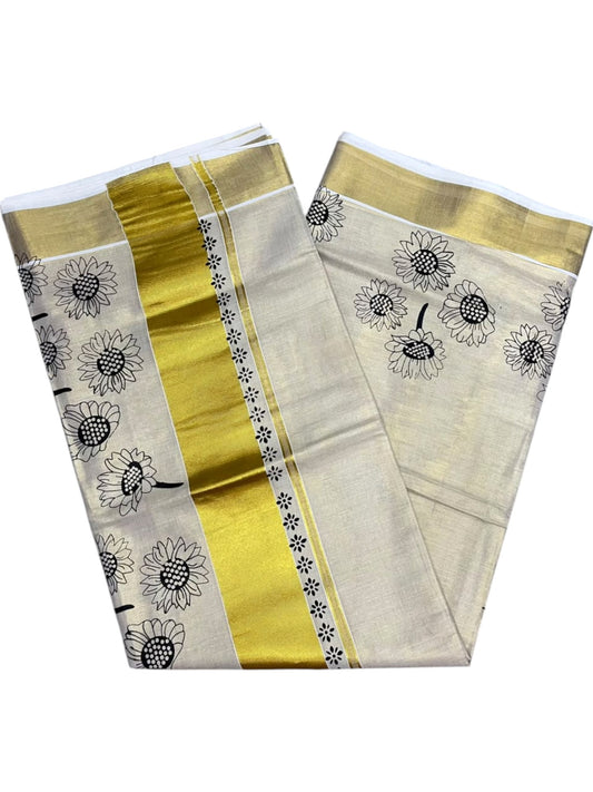 Southloom Kerala Tissue Kasavu Plain Saree with Black Floral Printed work On Border