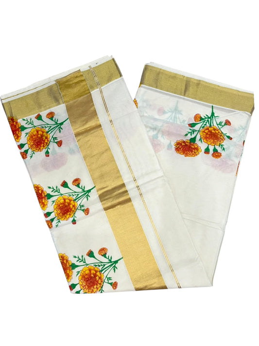 Southloom Kerala Cotton Plain Saree with Floral Printed Works on Border