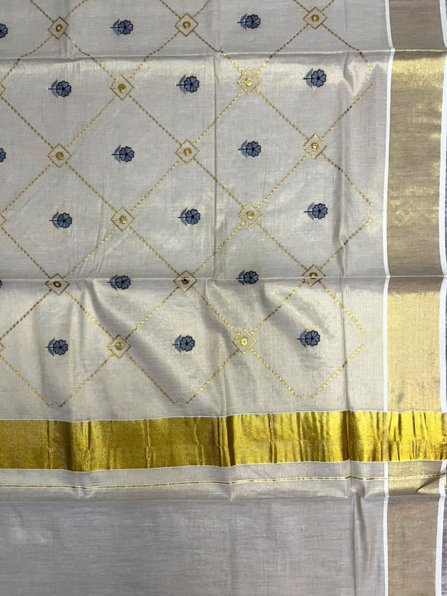 Southloom Kerala Tissue Kasavu Saree with Floral Embroidery Work on Body in Gray