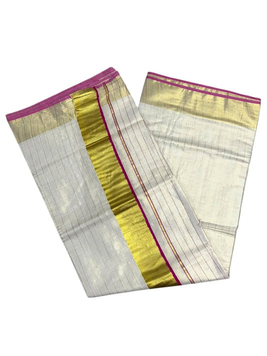 Southloom Kerala Tissue Kasavu Saree with Stripes on Body In Pink Border
