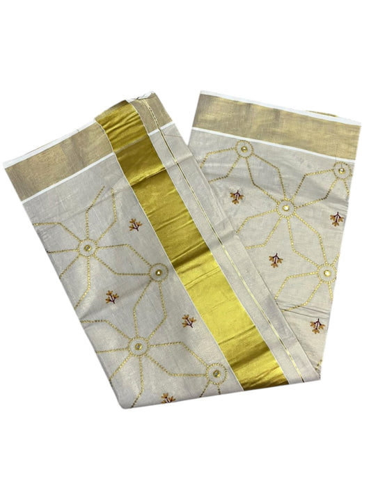 Southloom Kerala Tissue Kasavu Saree with Floral Embroidery Work on Body in Yellow