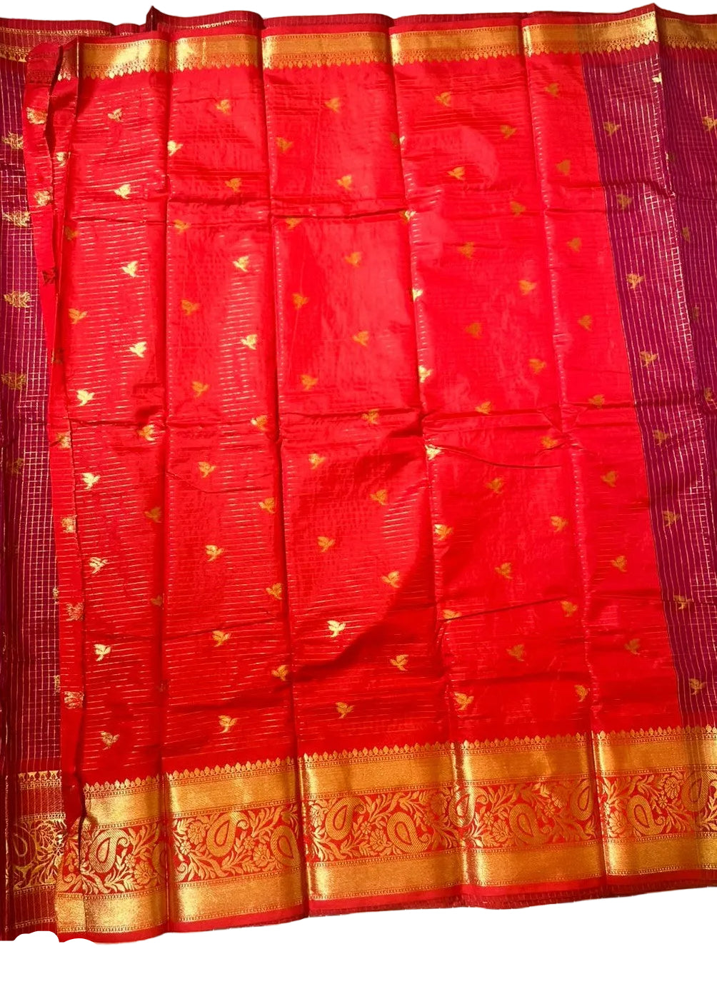 Maroon and Red Semi Silk Saree With Check Design On Body SL634