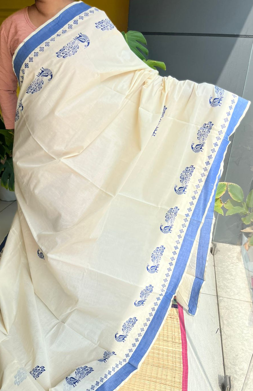 Kerala Cotton Blue Colour Printed Saree SL177