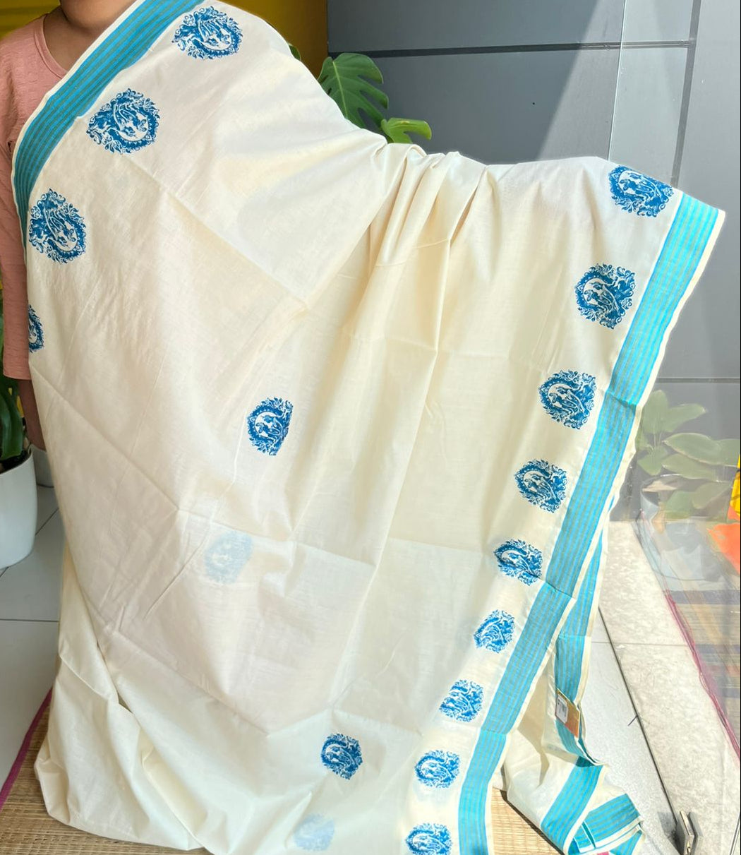 Kerala Cotton Turquoise Colour Printed Saree SL177