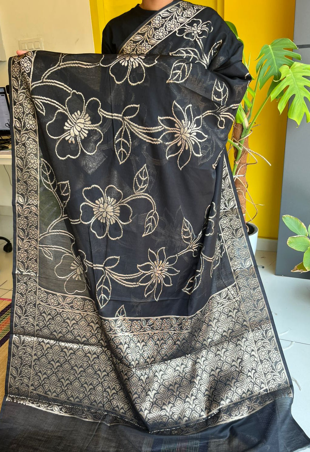 Black Banarasi Cotton Silk Saree with Floral Woven Works SL279
