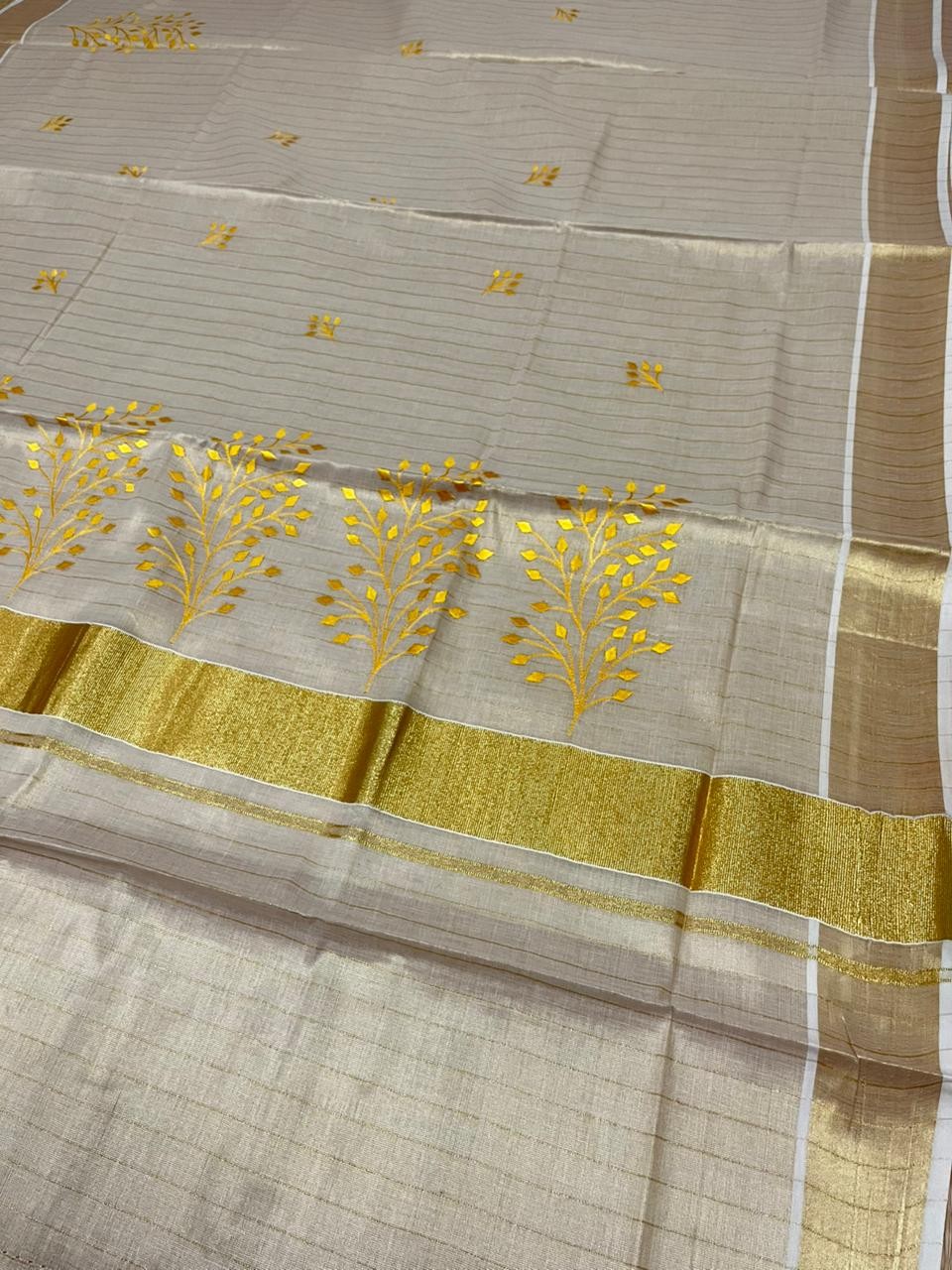 Southloom Kerala Tissue Yellow Floral Embroidery Design on the Body With Gold Kasavu