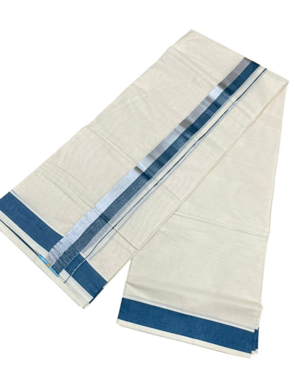 Southloom Kerala Pure Cotton Double Mundu with Blue And Silver Border (South Indian Dhoti)