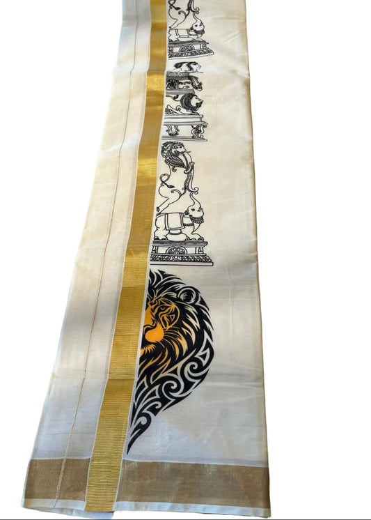 Cotton Lion Printed Gold Kasav Double Mundu SL0017 (ASL)