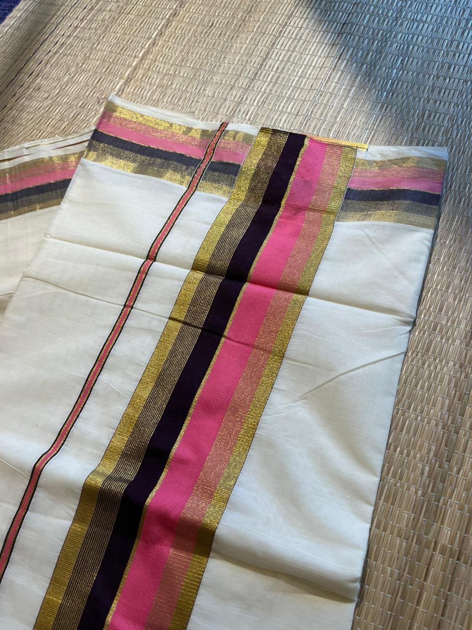 Kerala Cotton Kasavu Saree With Pink and Purple Border SL443