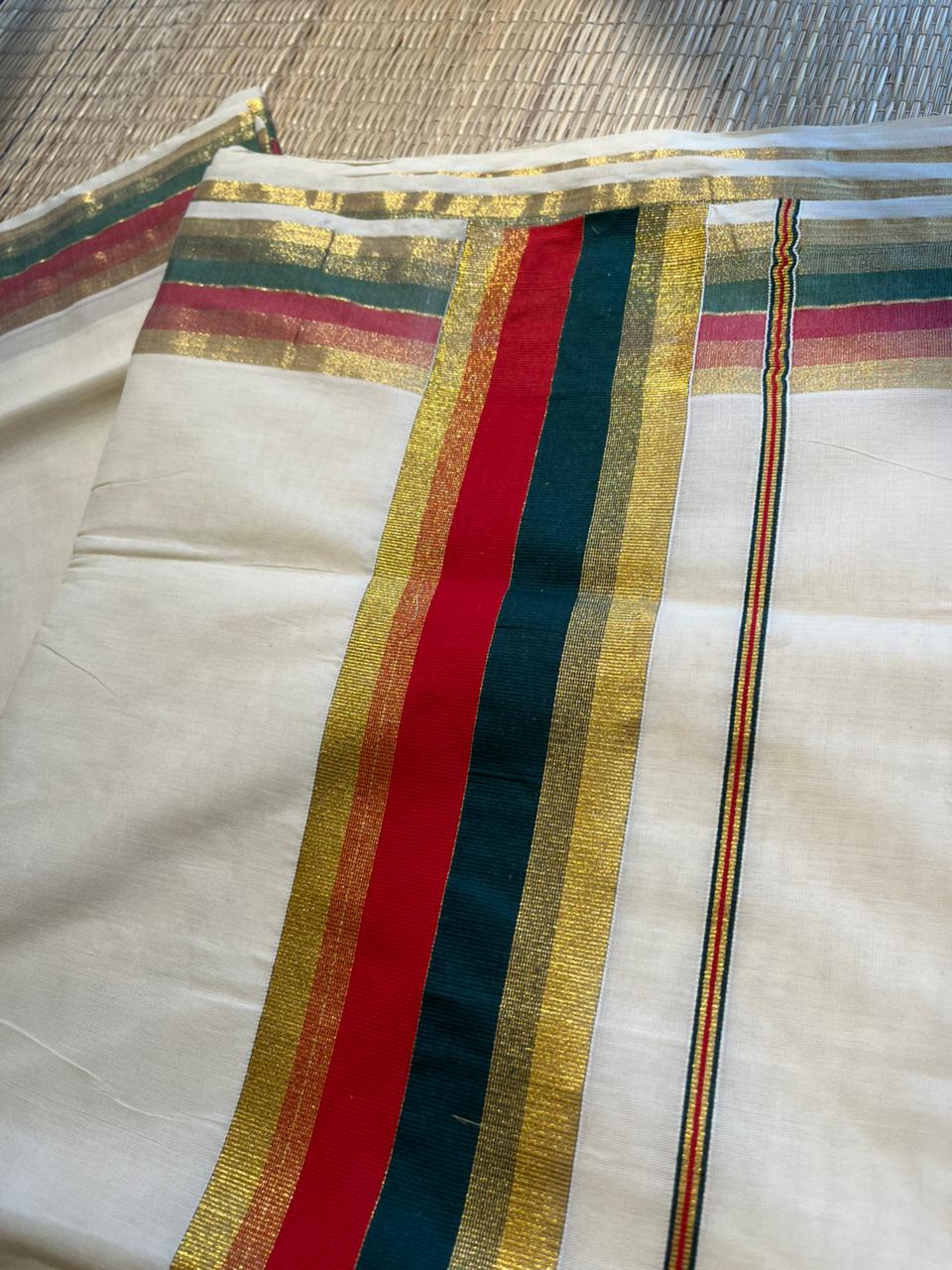 Kerala Cotton Kasavu Saree With Maroon and Green Border SL443