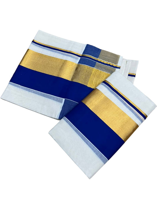 Kerala Cotton Set Mundu (Mundum Neriyathum) with Blue and Kasavu Border 2.80 Mtrs SLKK SL504