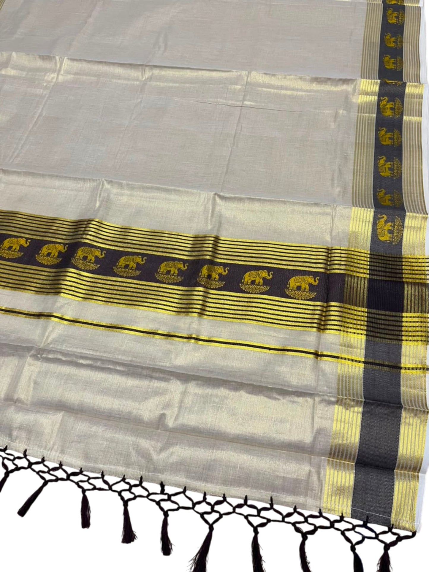 Southloom Kerala Tissue Kasavu Saree with Elephant Digital Print on Borders in Brown SL507