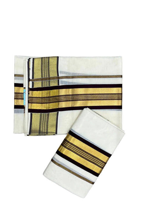 Kerala Cotton Set Mundu (Mundum Neriyathum) with Brown and Kasavu Border SLKK SL522