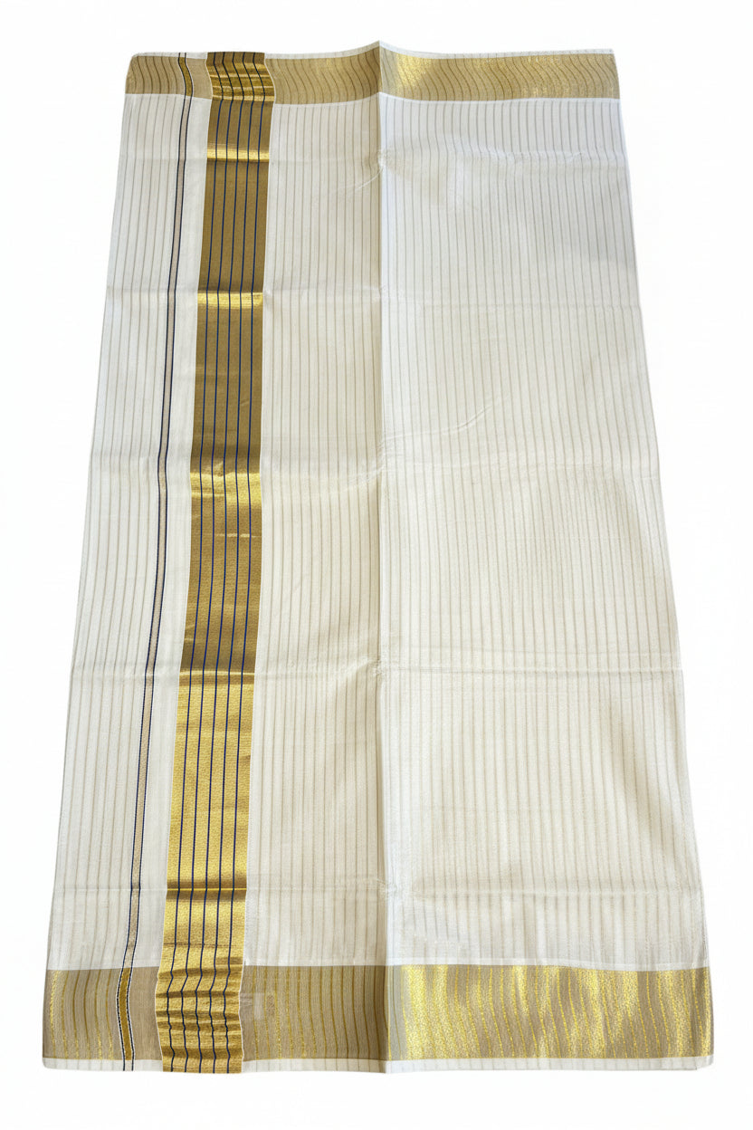 Southloom Kerala Cotton Kasavu Saree With Stripes On The Body(Blue) SL520