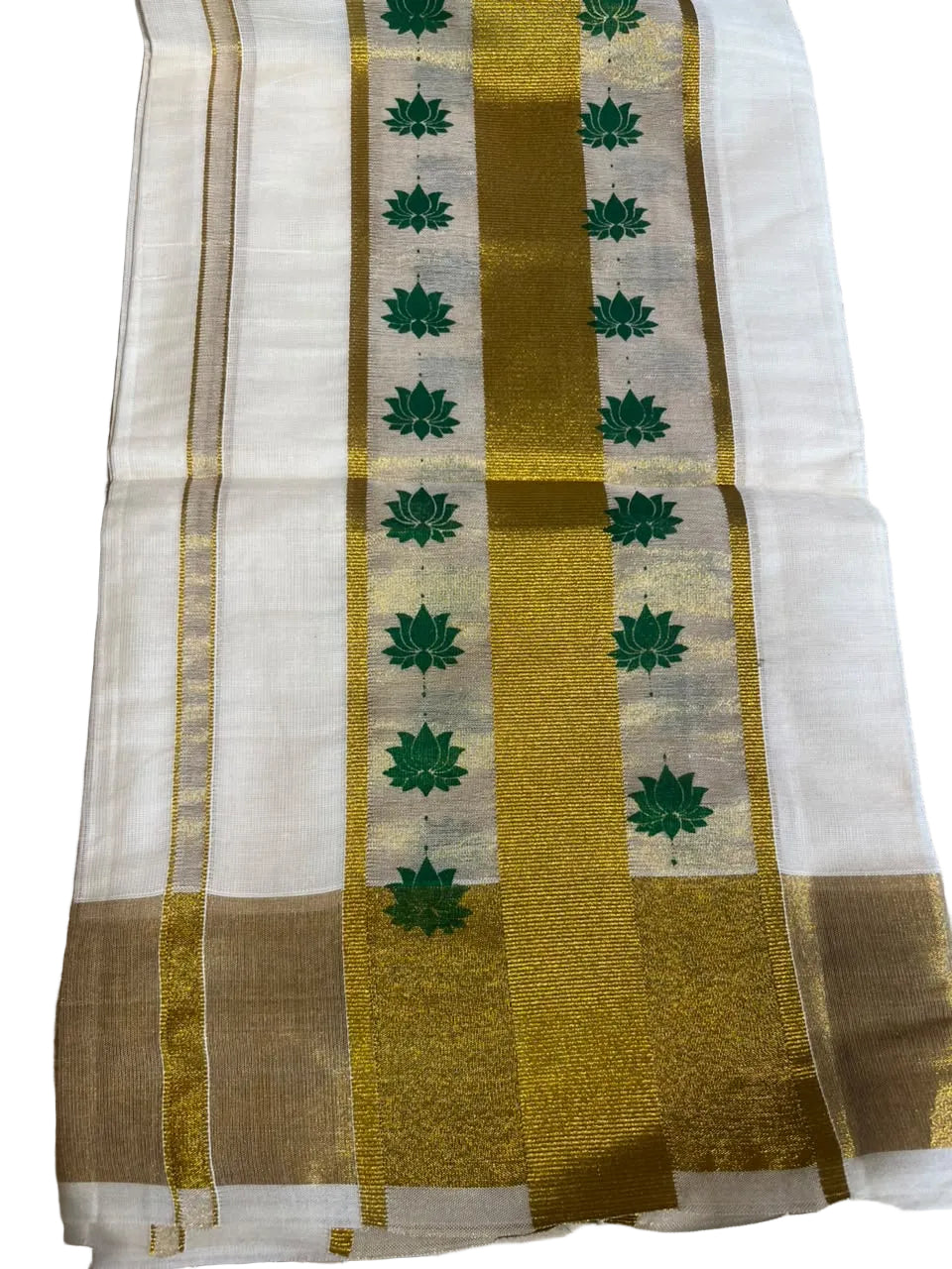 Kerala Cotton Green Colour Lotus Printed Set Mundu (2.80 mtrs) SL516