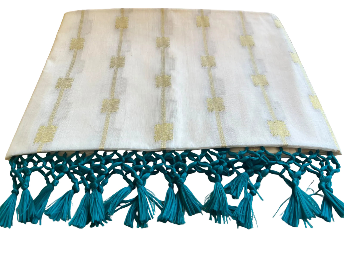 Southloom Kerala Cotton Lotus Design Saree With Turquoise Blue Tassels SL532