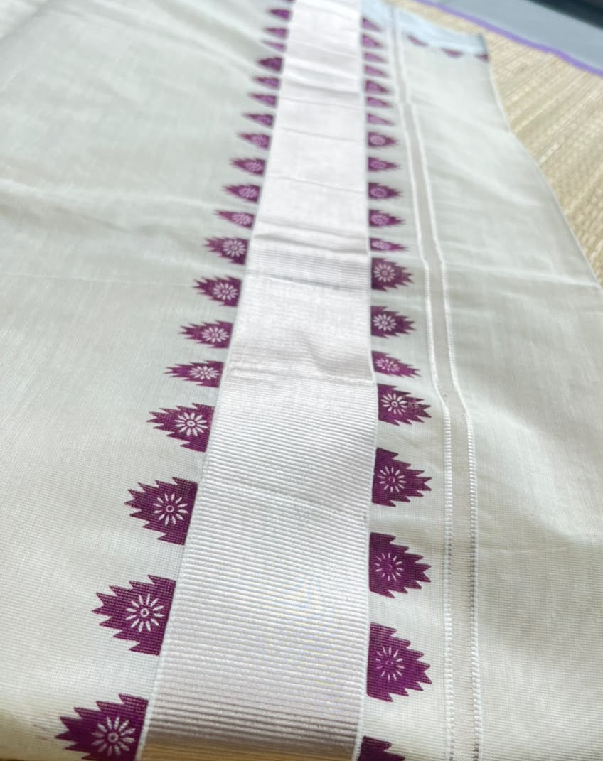 Kerala Cotton Purple Temple Border With Silver Ksavu Saree SL544