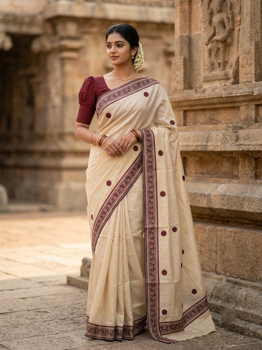 Southloom Kerala Tissue Plain Saree With Maroon Polk Dots on Body and Floral Digital Prints in Borders