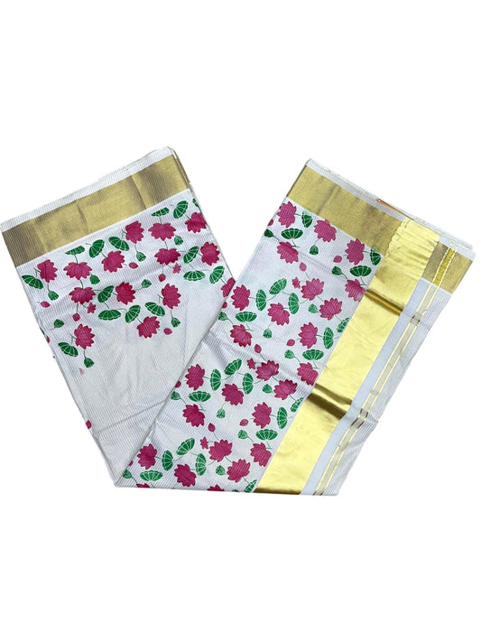 Southloom Kerala Cotton Microstripes Saree with Digital Print Lotus Design SL562