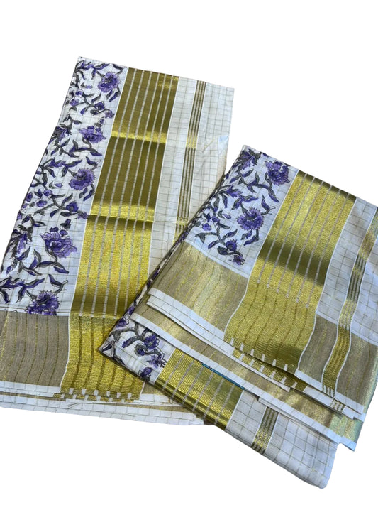Southloom Kerala Check Pure Cotton Set Mundu with Gold Kasavu And Block Prints Across Body SL563