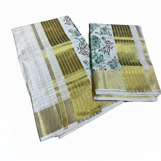Southloom Kerala Check Pure Cotton Set Mundu with Gold Kasavu And Block Prints Across Body SL563